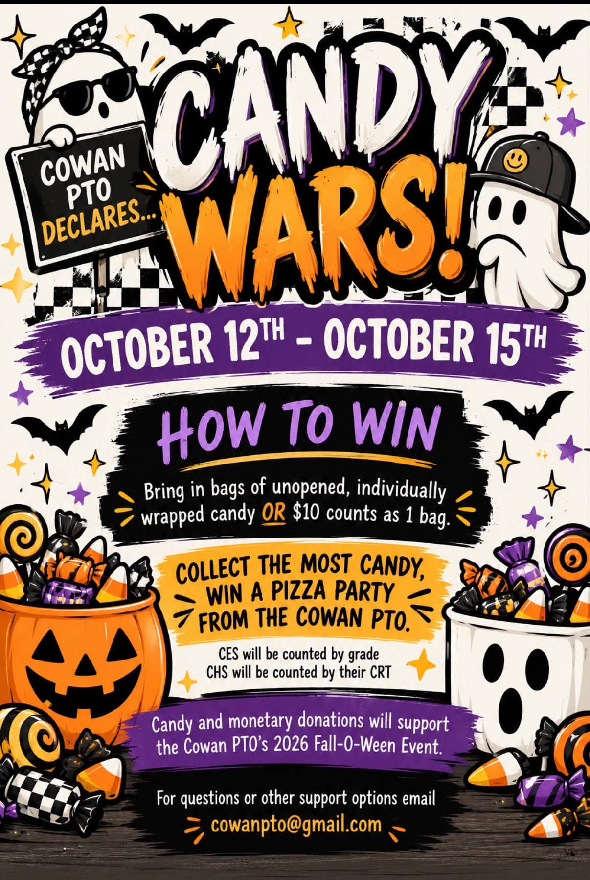 A flyer for a 'Candy Wars' event from October 12th to October 15th, featuring ghosts, pumpkins, and candy illustrations.