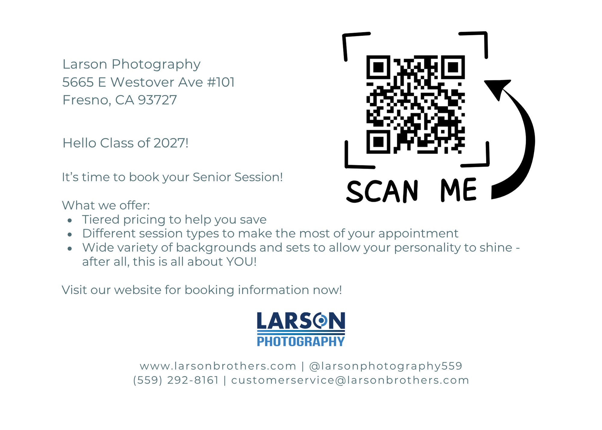 Larson Photography advertisement for Class of 2027 senior sessions, featuring a QR code to scan.