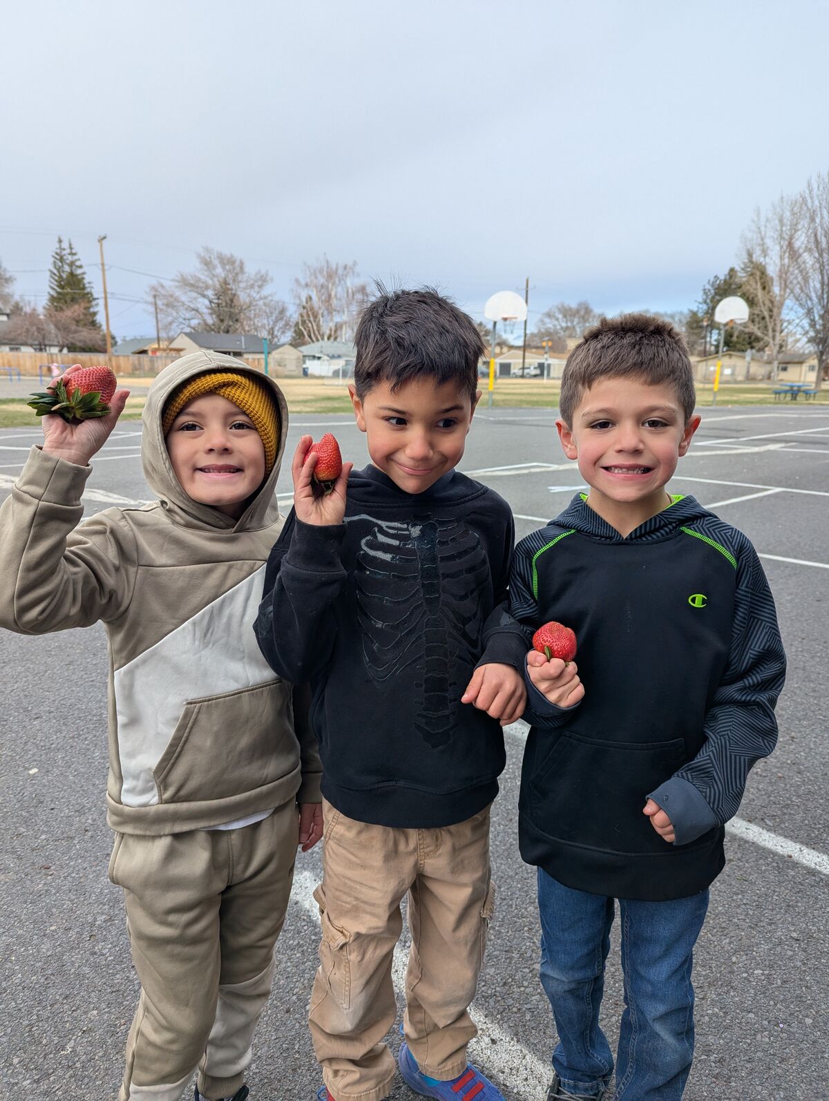 Three smiling boys stand on a paved outdoor court, each holding a strawberry.