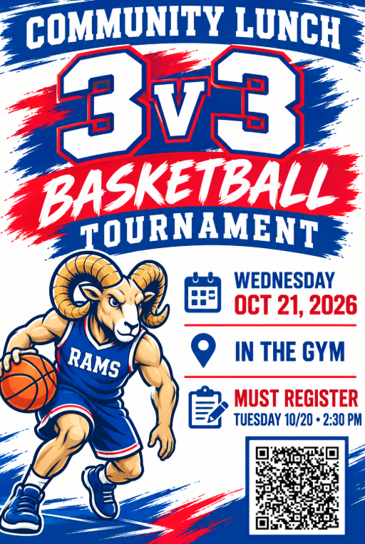 A colorful poster advertising a community lunch 3v3 basketball tournament featuring a ram mascot.