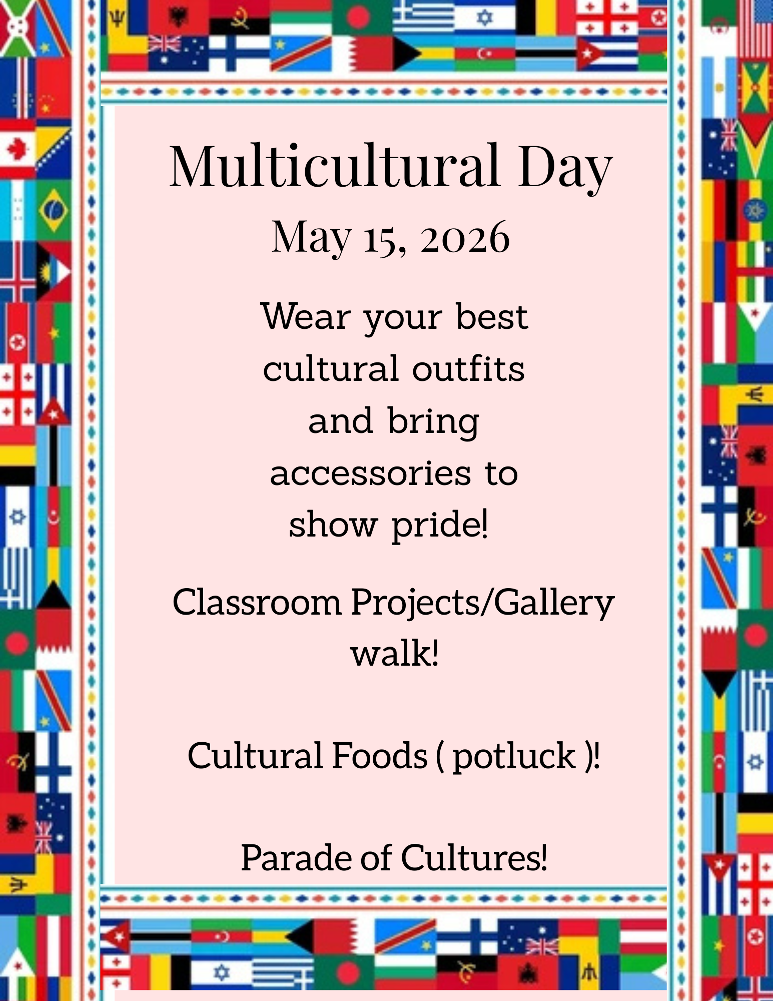 Poster announcing 'Multicultural Day' on May 15, 2026, with instructions to wear cultural outfits and bring accessories.
