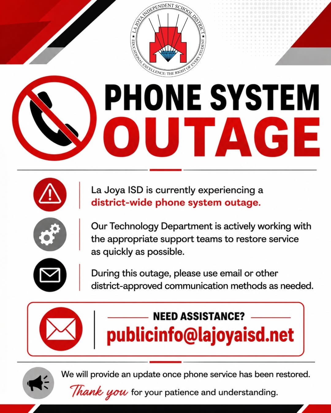 📞⚠️ PHONE SYSTEM OUTAGE | 📞⚠️ INTERRUPCIÓN DEL SISTEMA TELEFÓNICO