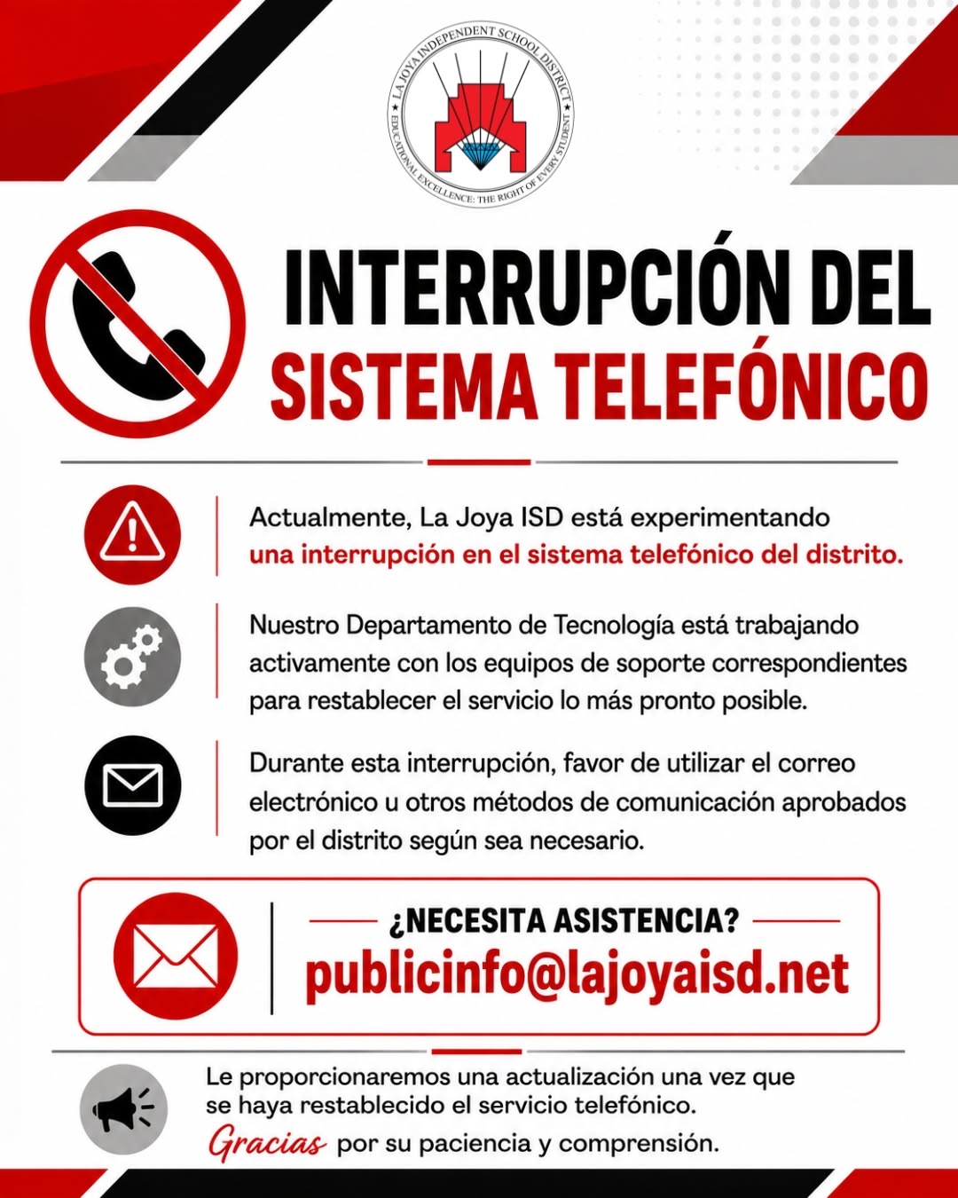 An informational flyer in Spanish from La Joya ISD announcing a temporary telephone system outage and alternate contact methods.