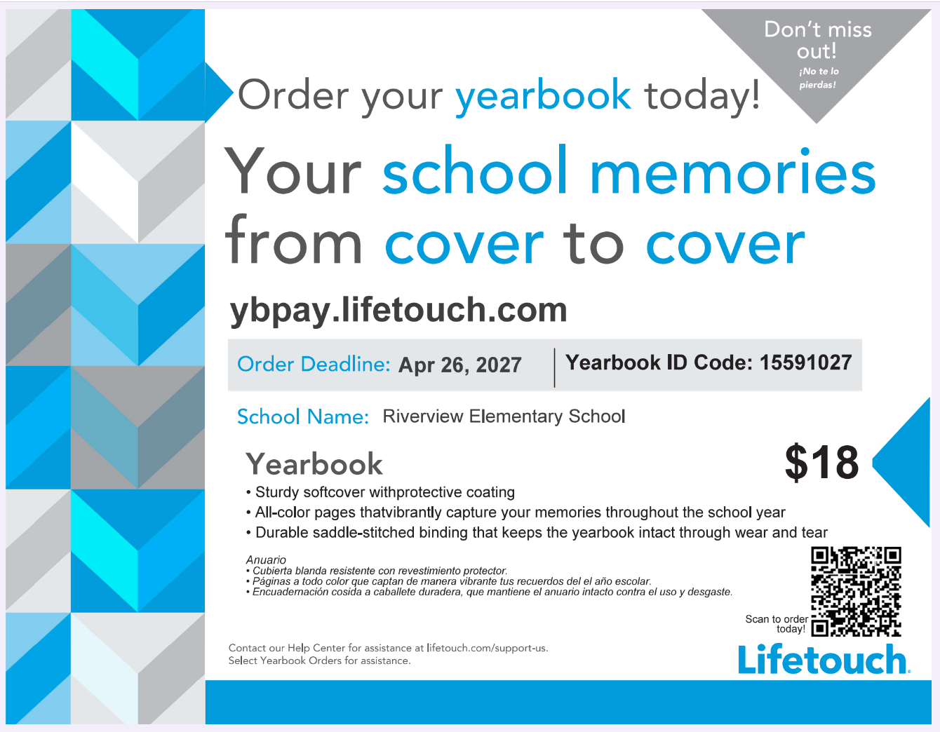 Advertisement for Lifetouch yearbooks for Riverview Elementary School, priced at $18.