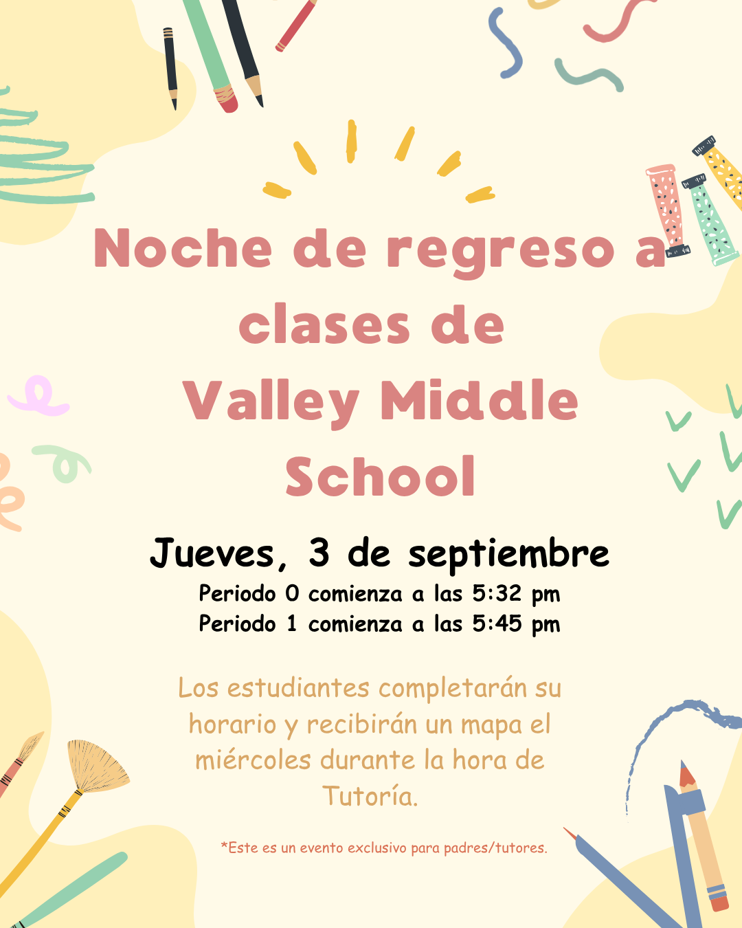 Poster announcing "Noche de regreso a clases" (Back to School Night) for Valley Middle School on Thursday, September 3rd.