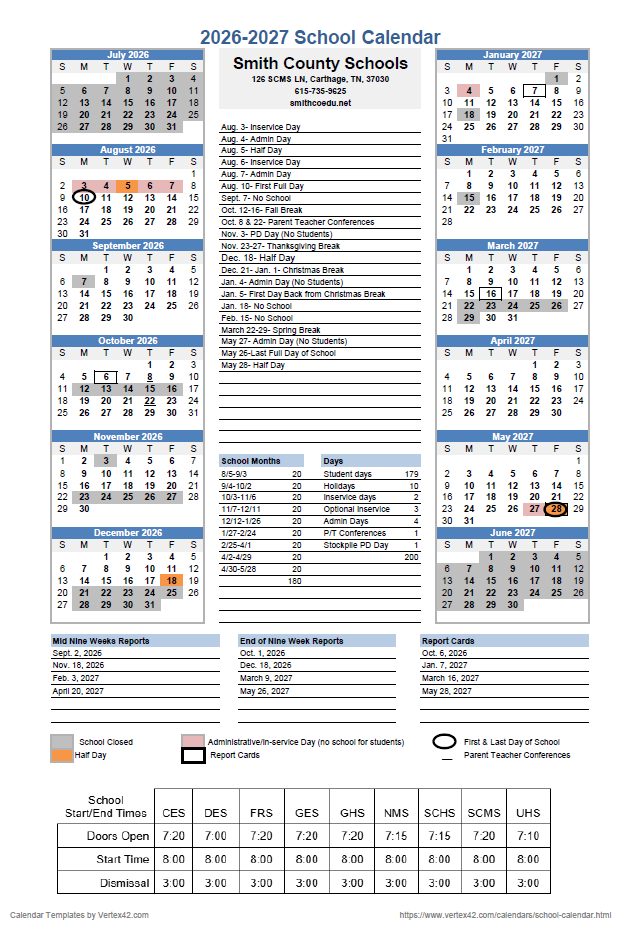Smith County School Calendar and Start and End Times