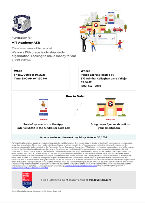 MIT Academy ASB Restaurant Fundraiser, TODAY, 10/30/2026