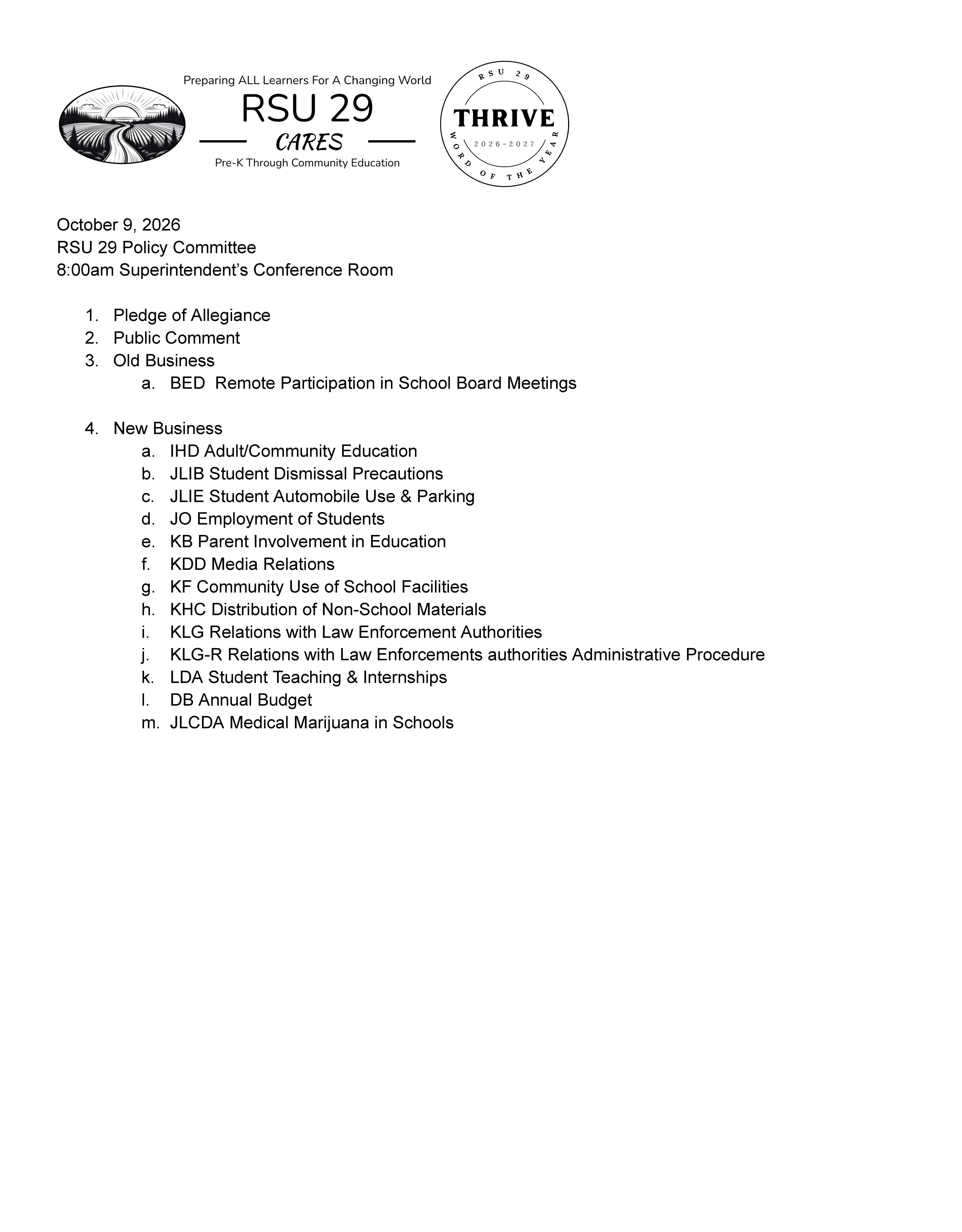 Policy Committee Meeting Agenda for Friday, October 9, 2026