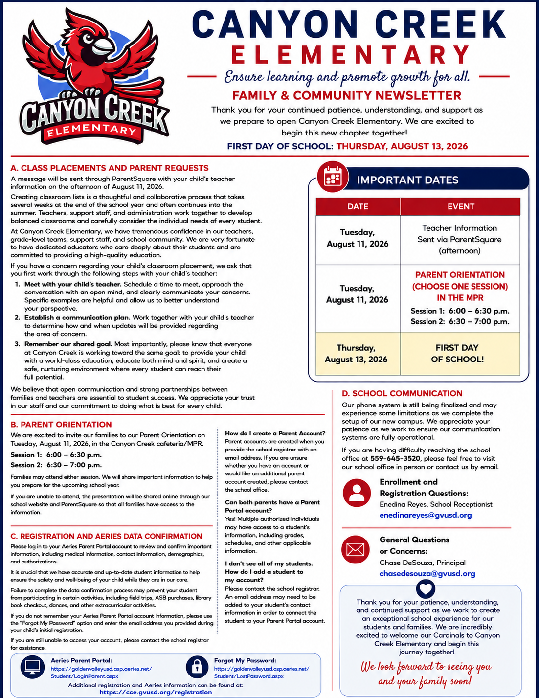 Canyon Creek Newsletter- Start of School Year Information 