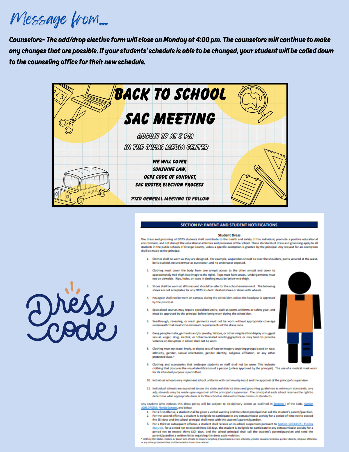 A flyer announces a 'Back to School SAC Meeting' on August 27th at 5 PM in the BWMS Media Center, covering topics like the Sunshine Law and OCPS Code of Conduct.