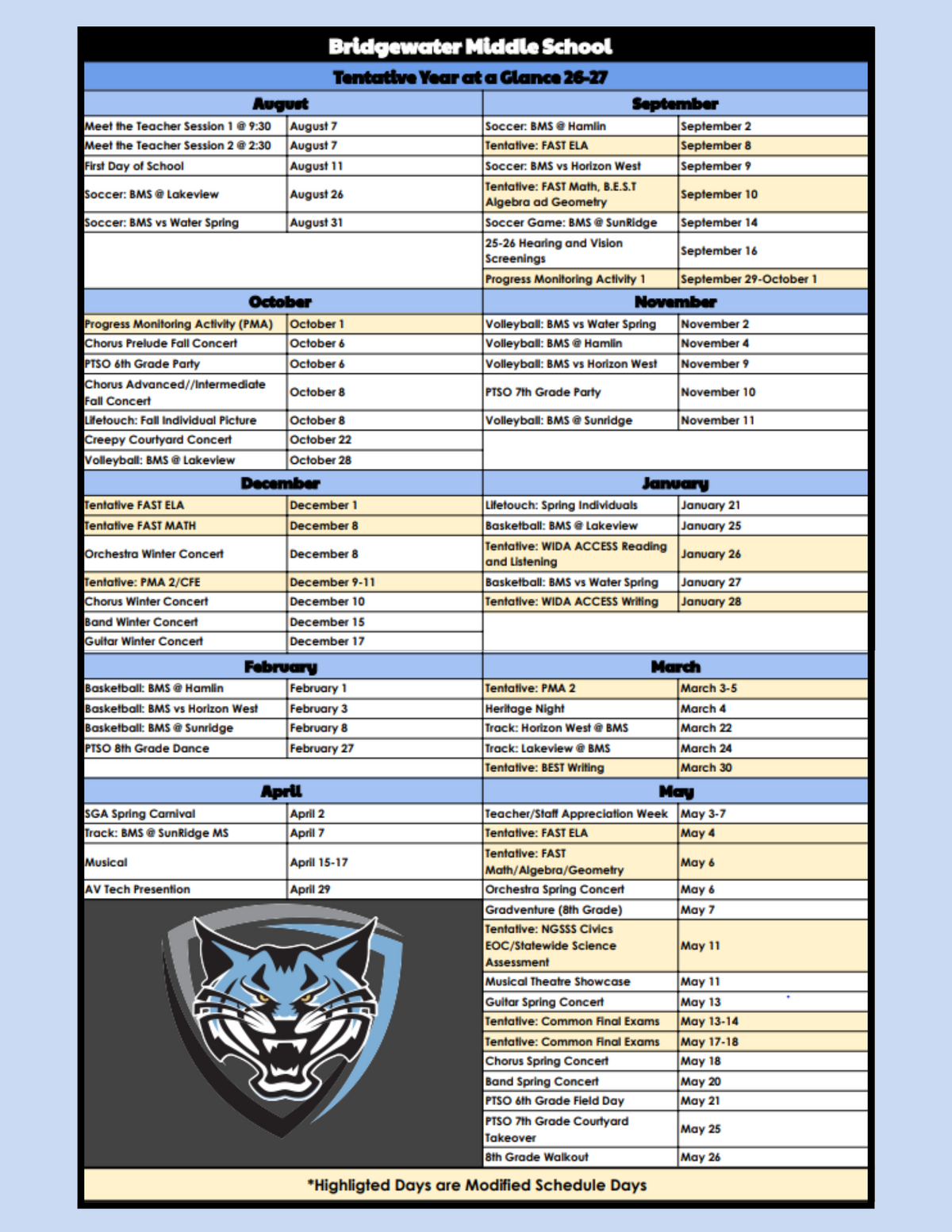Bridgewater Middle School's tentative academic year calendar for 2026-2027, listing events by month.