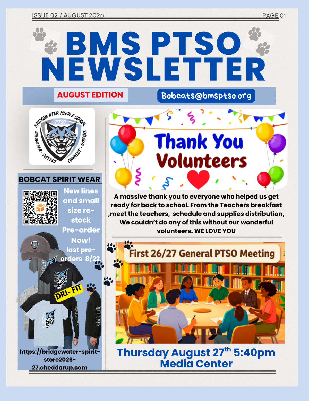 BMS PTSO Newsletter, August Edition, featuring a thank you to volunteers and information on Bobcat spirit wear.