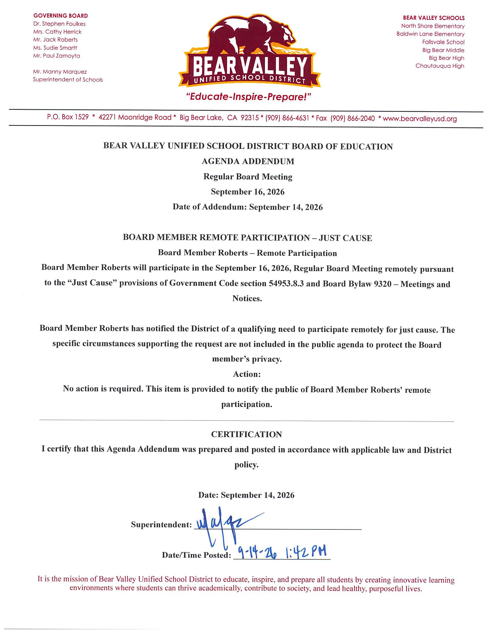 CANCELLED - Regular Board Meeting | 09/16/2026 - 05:30 PM (Revised)