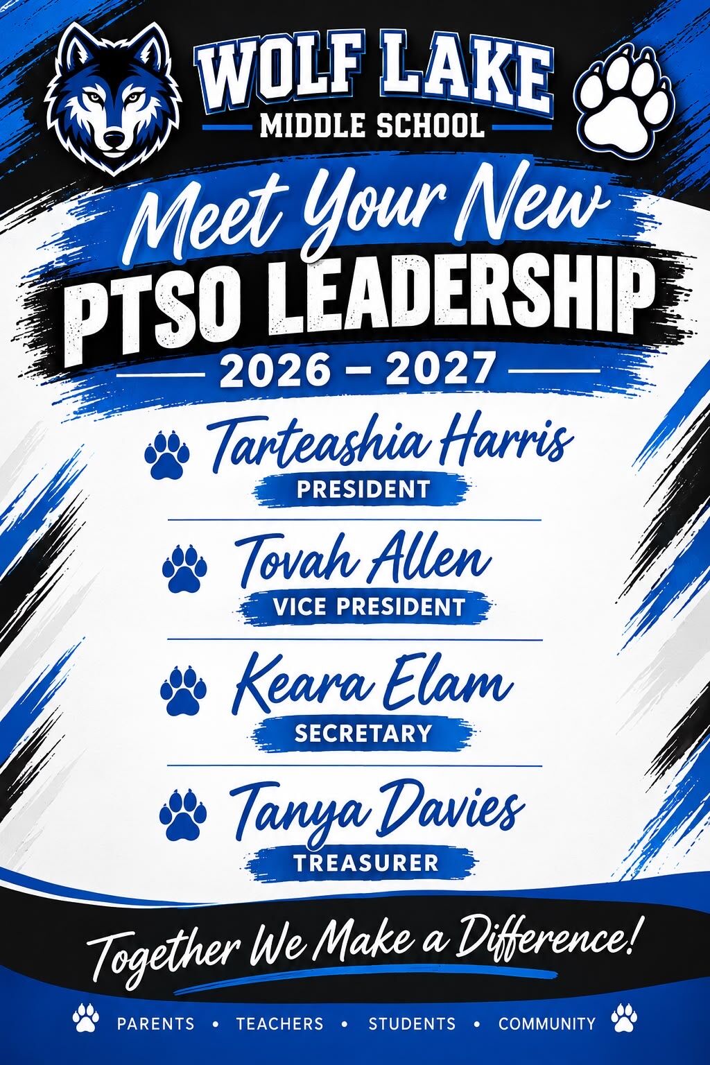 A blue and white flyer for Wolf Lake Middle School, introducing the 2026-2027 PTSO leadership team.