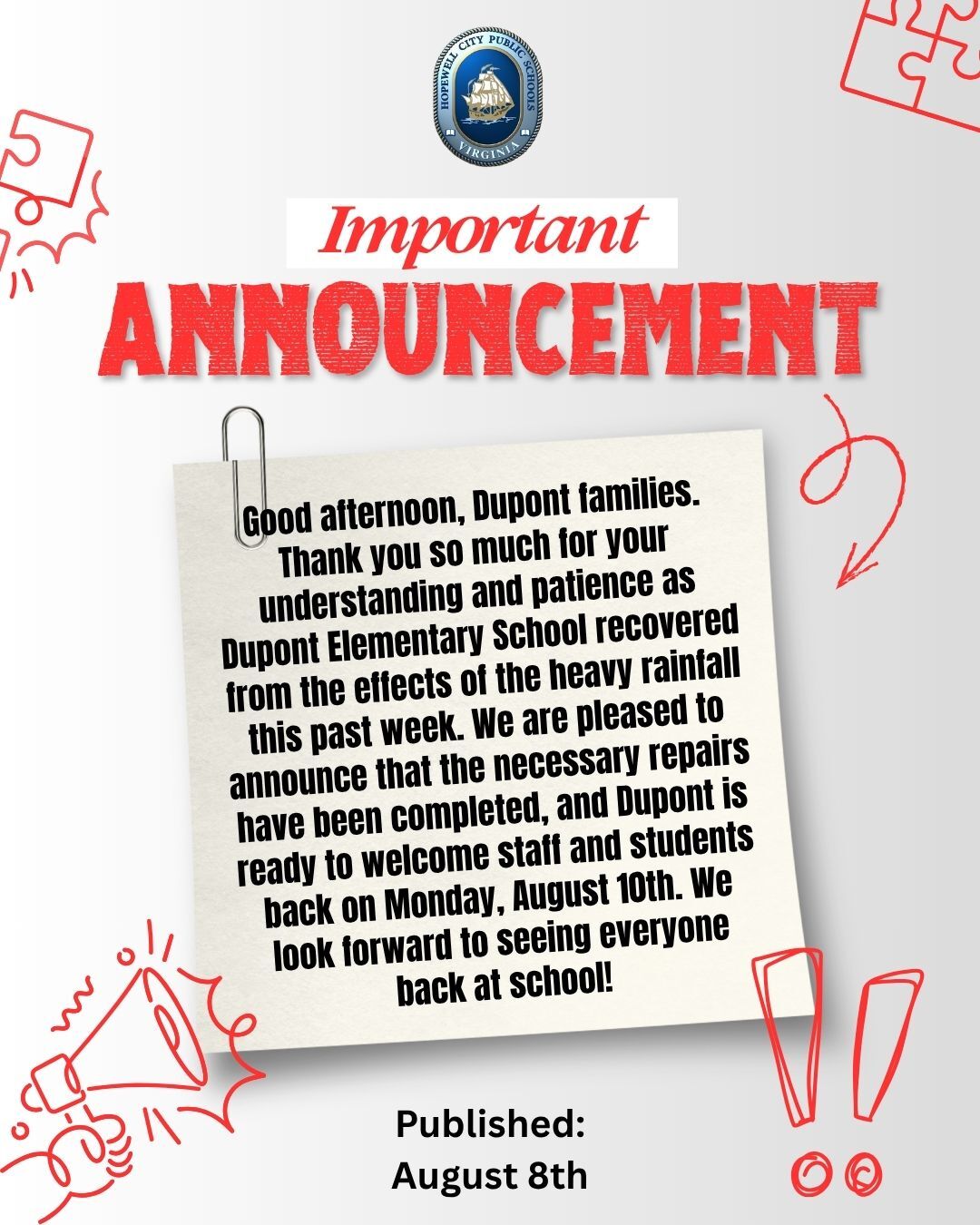 Dupont Elementary School will Reopen on Monday, August 10th