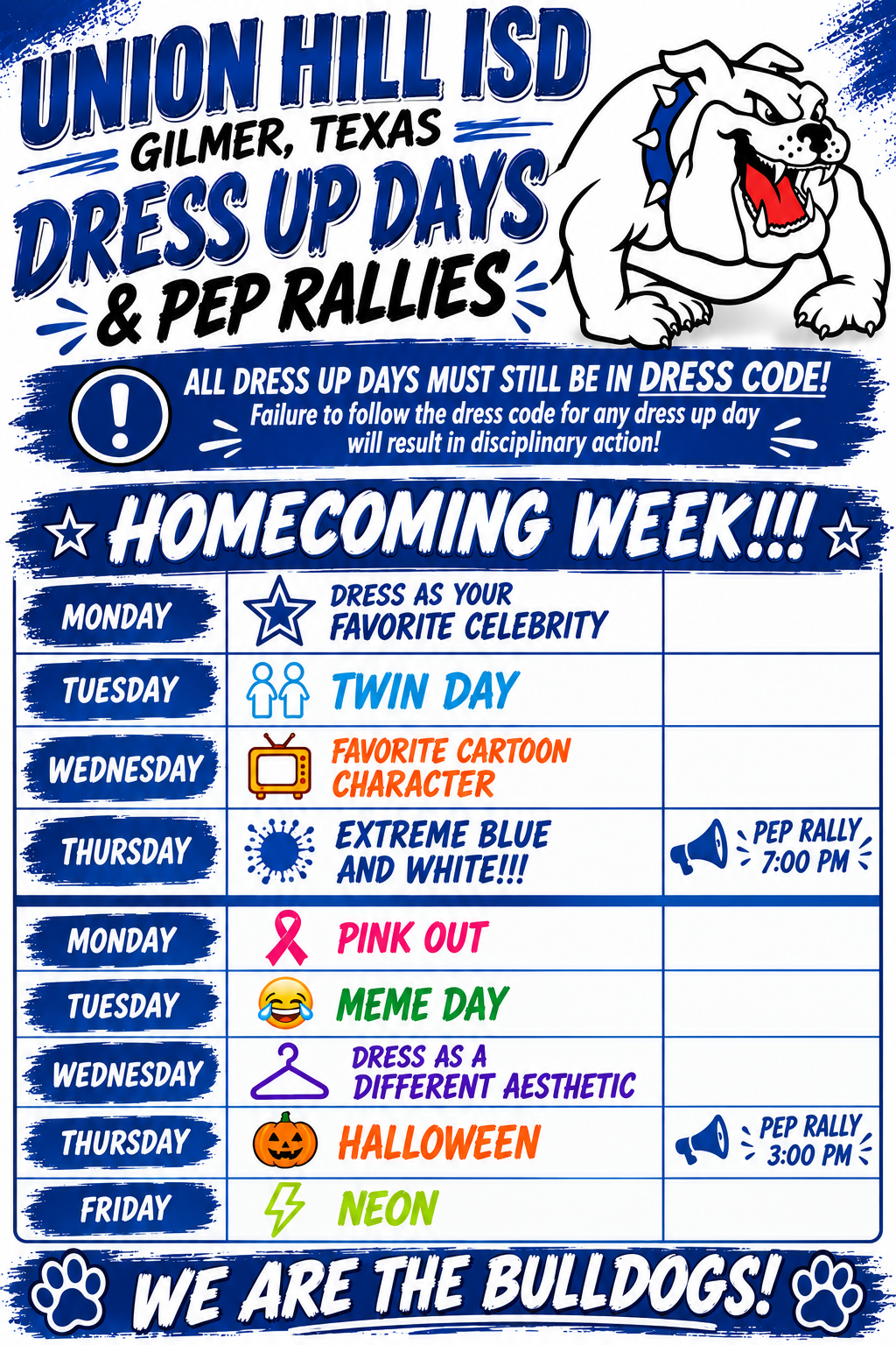 Updated Dress Up Days and Pep Rally Schedule