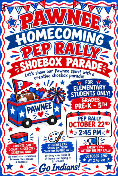 A colorful poster announces the Pawnee Homecoming Pep Rally Shoebox Parade, featuring red, white, and blue decorations.