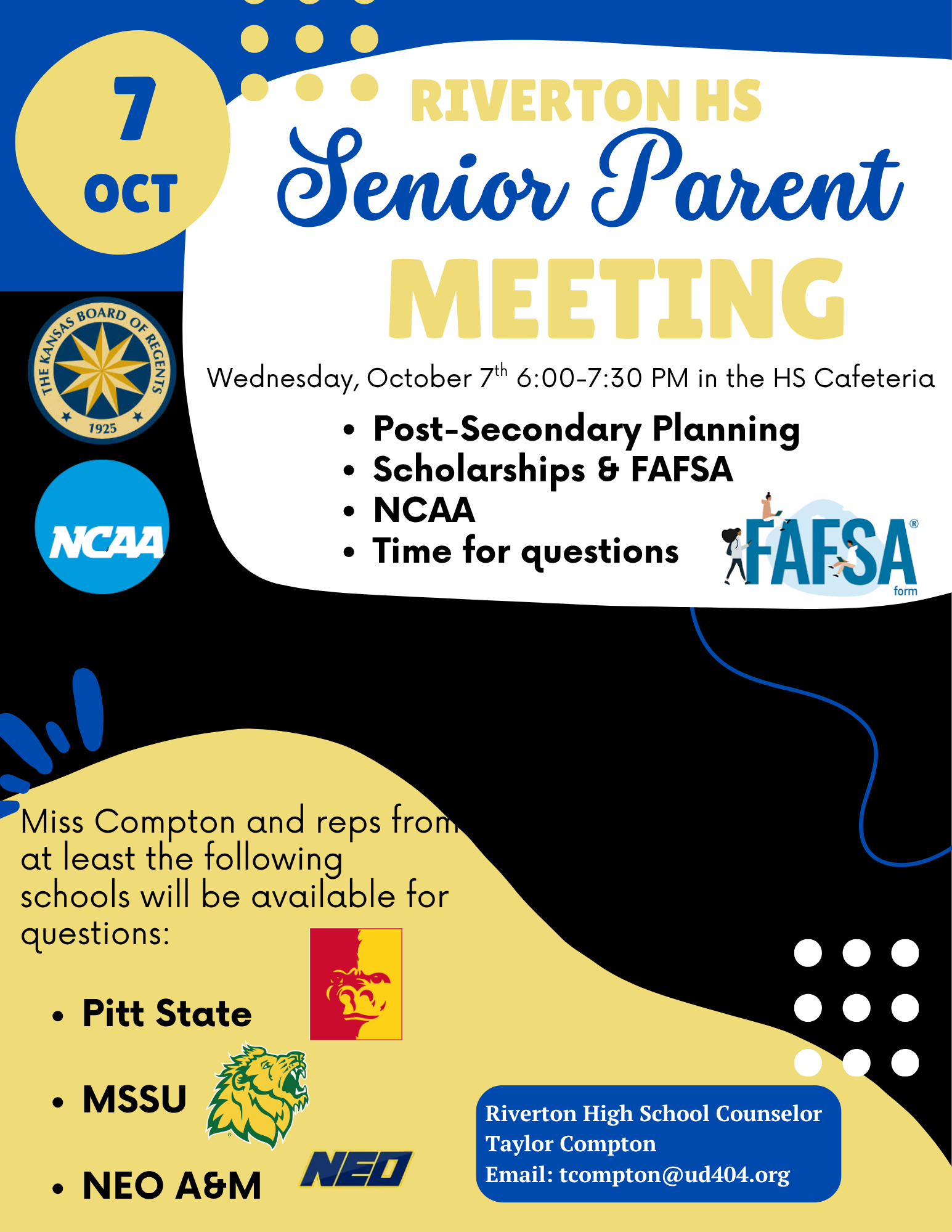 Senior Parent Meeting Wed 10/7 6:00 pm HS Cafeteria