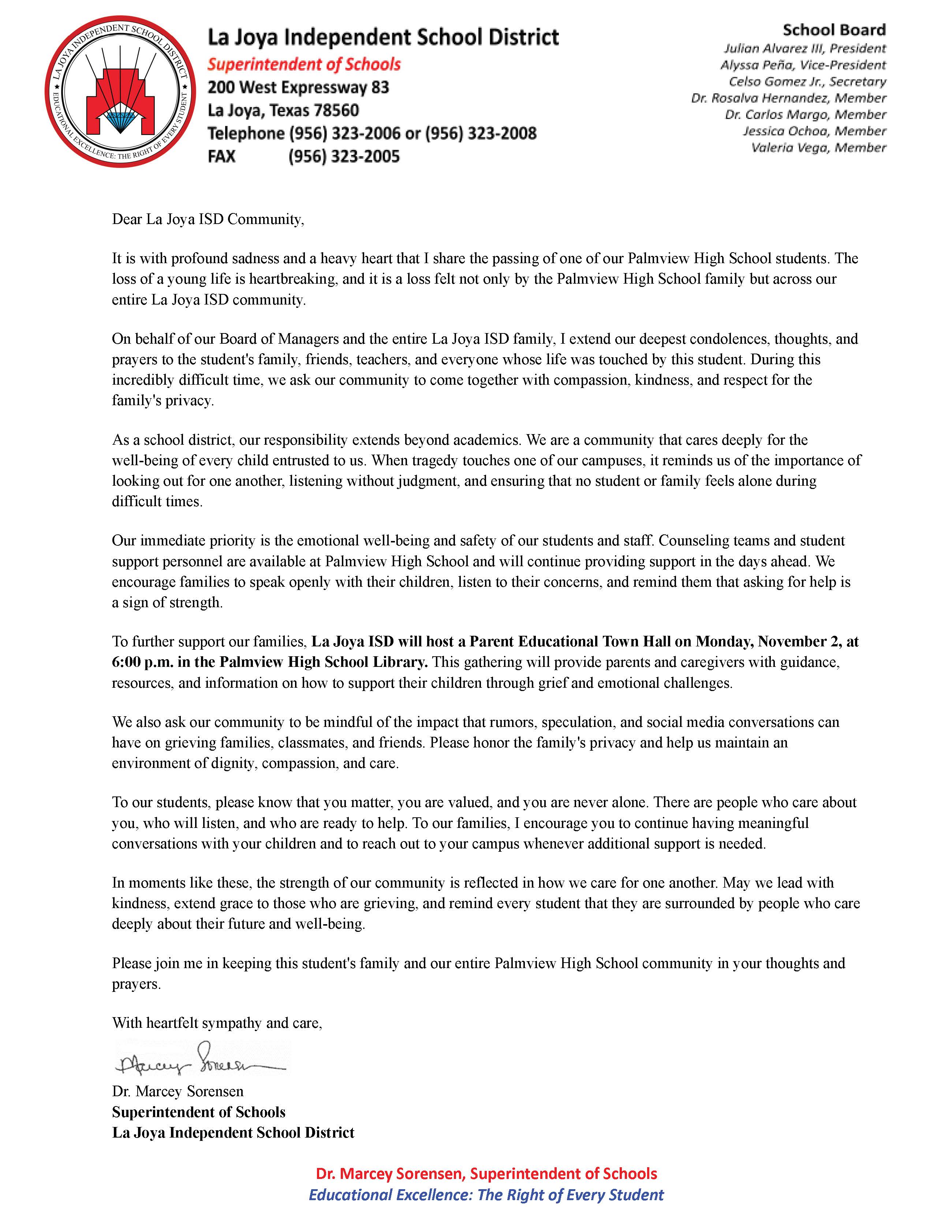 ❤️ A Message to Our La Joya ISD Community