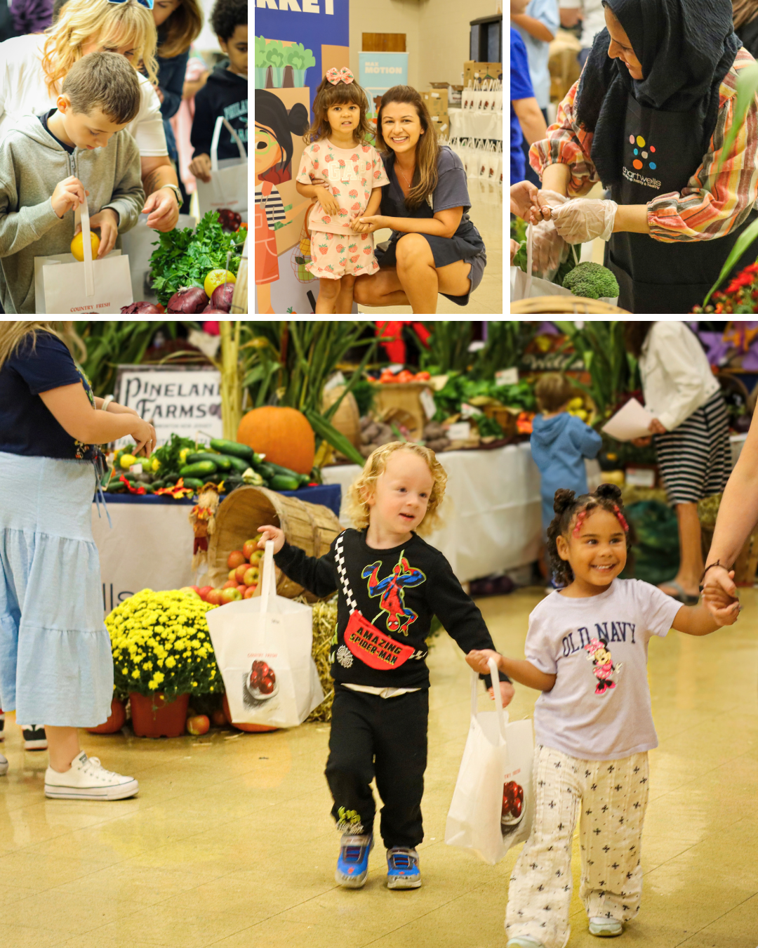 A collage shows children and adults participating in community activities, including grocery shopping and packing fresh produce.