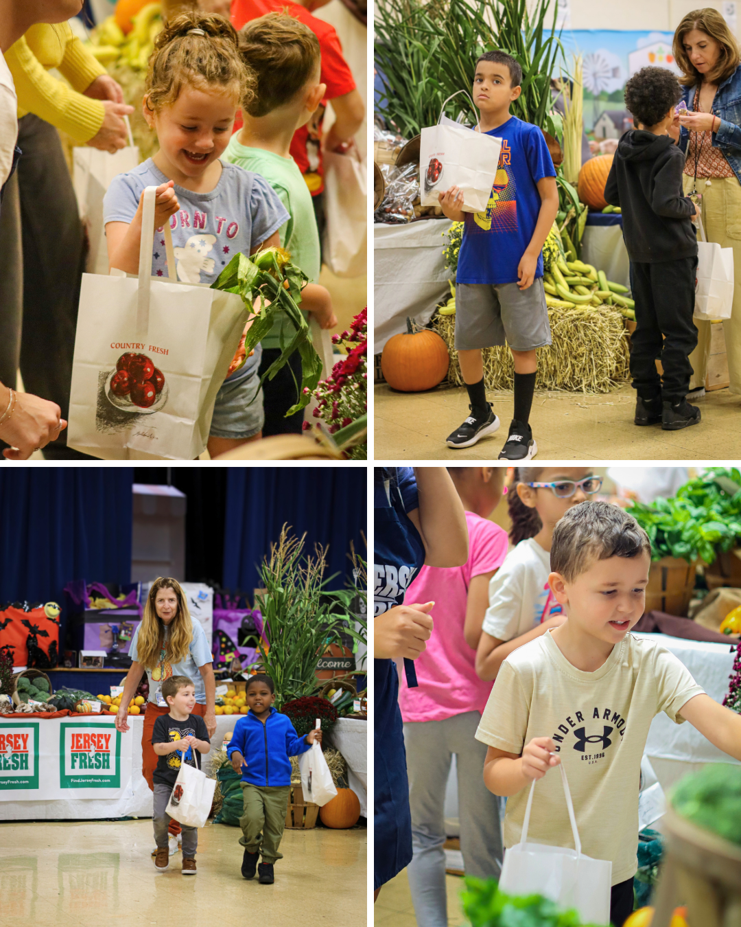A four-panel photo collage shows children smiling and carrying 'Country Fresh' bags at an indoor market with autumn displays.