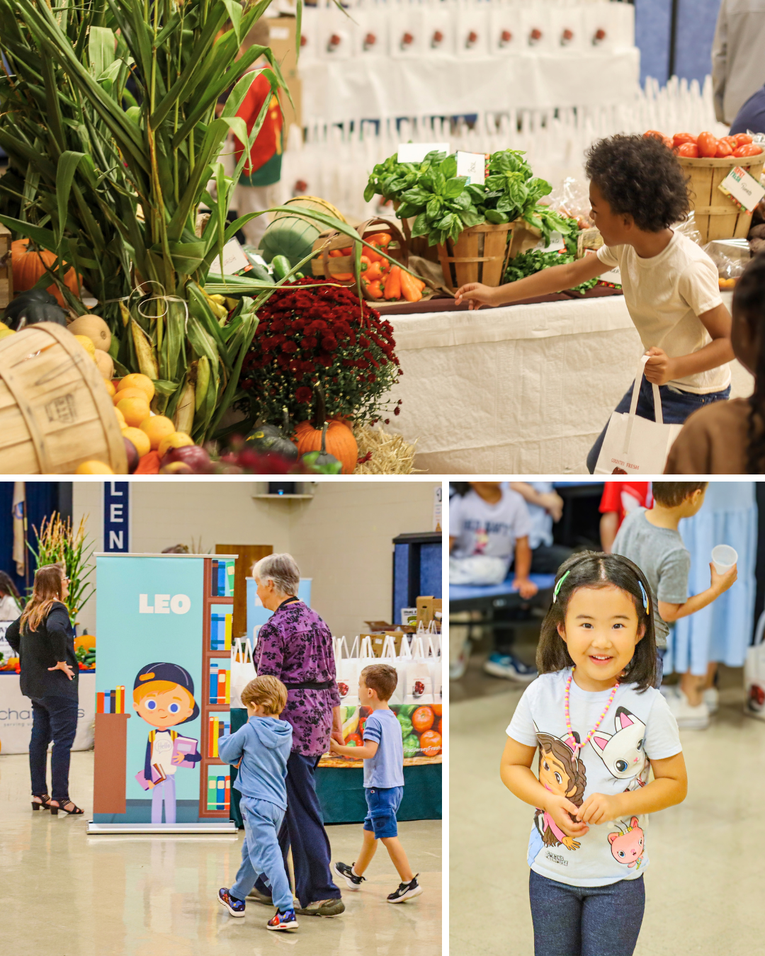 A child holding a shopping bag reaches for fresh vegetables at an indoor market display.
