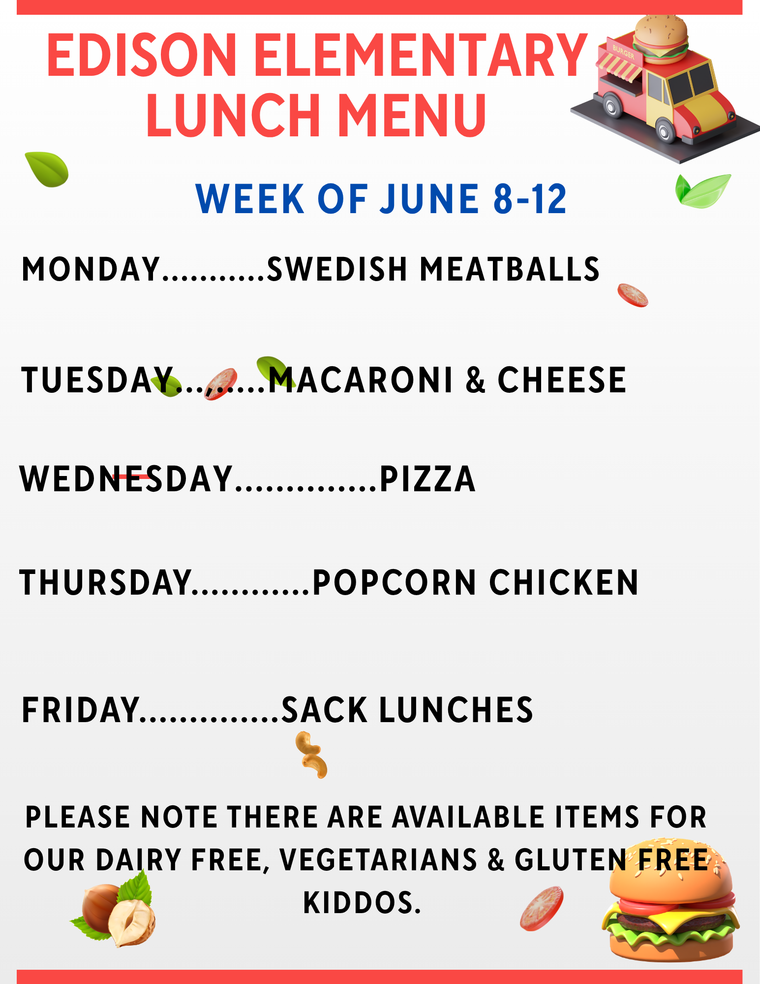 Lunch Menu for the week of June 8 - 12