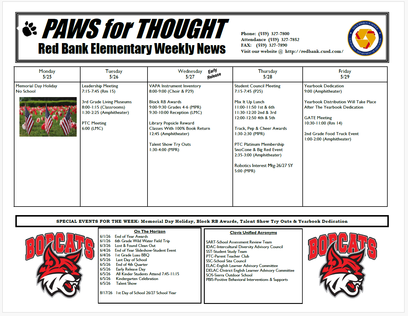 Weekly Calendar May 25-29, 2026