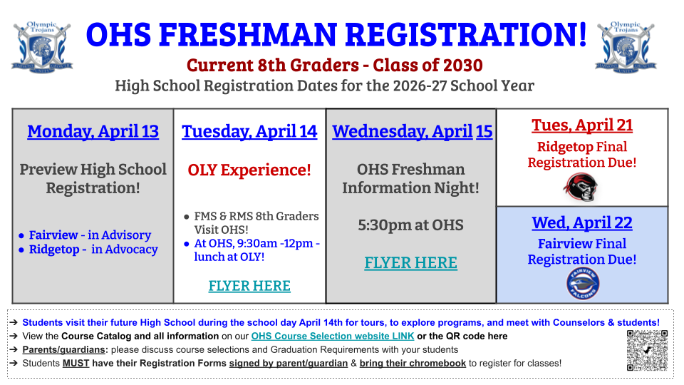 Poster- OHS Freshman Registration info for current 8th graders, Class of 2030, April 13-22