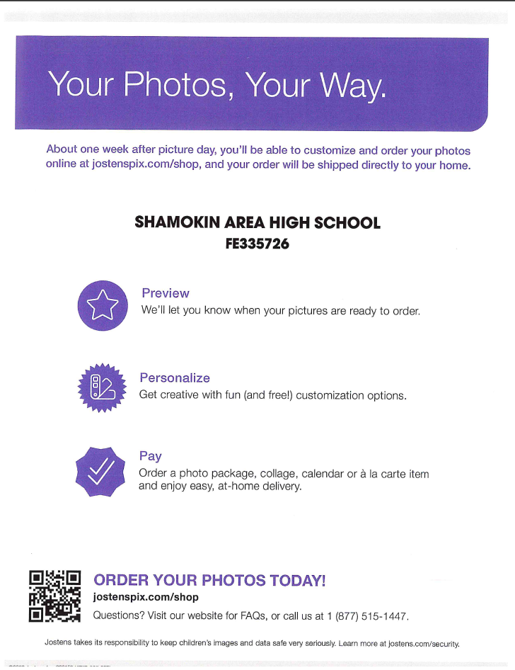 A flyer for Shamokin Area High School explaining how to preview, personalize, and order school photos online at jostenspix.com/shop.