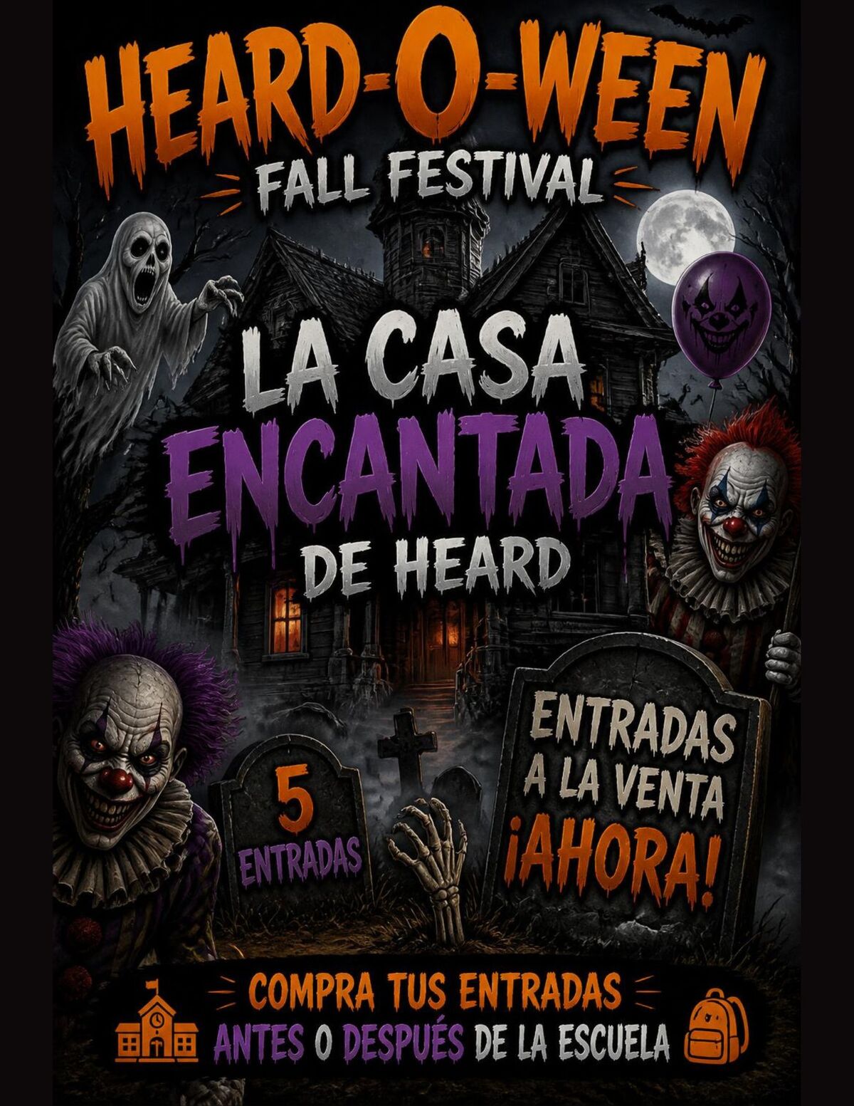 A promotional poster for "Heard-O-Ween Fall Festival" featuring a haunted house, a ghost, clowns, and tombstones with Spanish text.