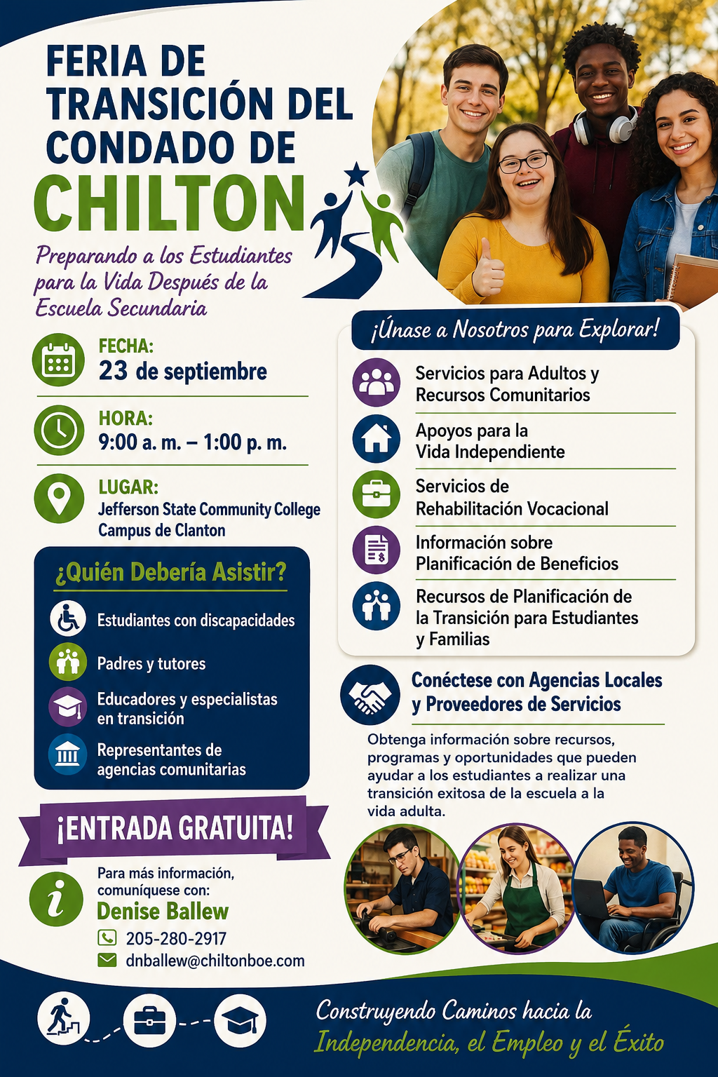 A flyer in Spanish for the Chilton County Transition Fair, featuring event details, target audience, and smiling students.