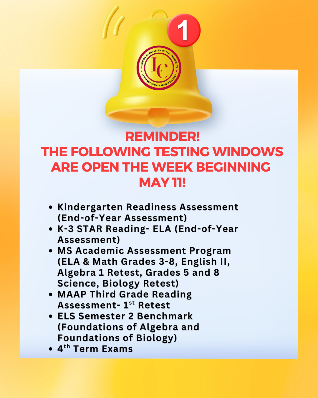 May 11 Testing Reminder