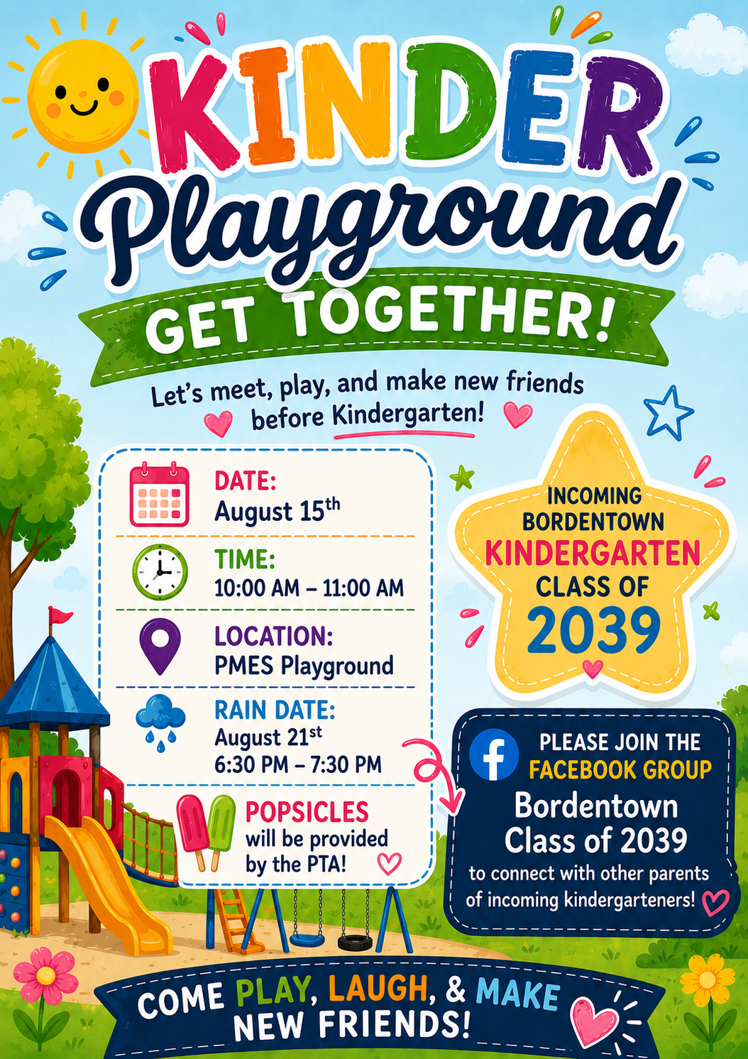 An invitation to a "Kindergarten Playground Get Together" on August 15th at PMES Playground.