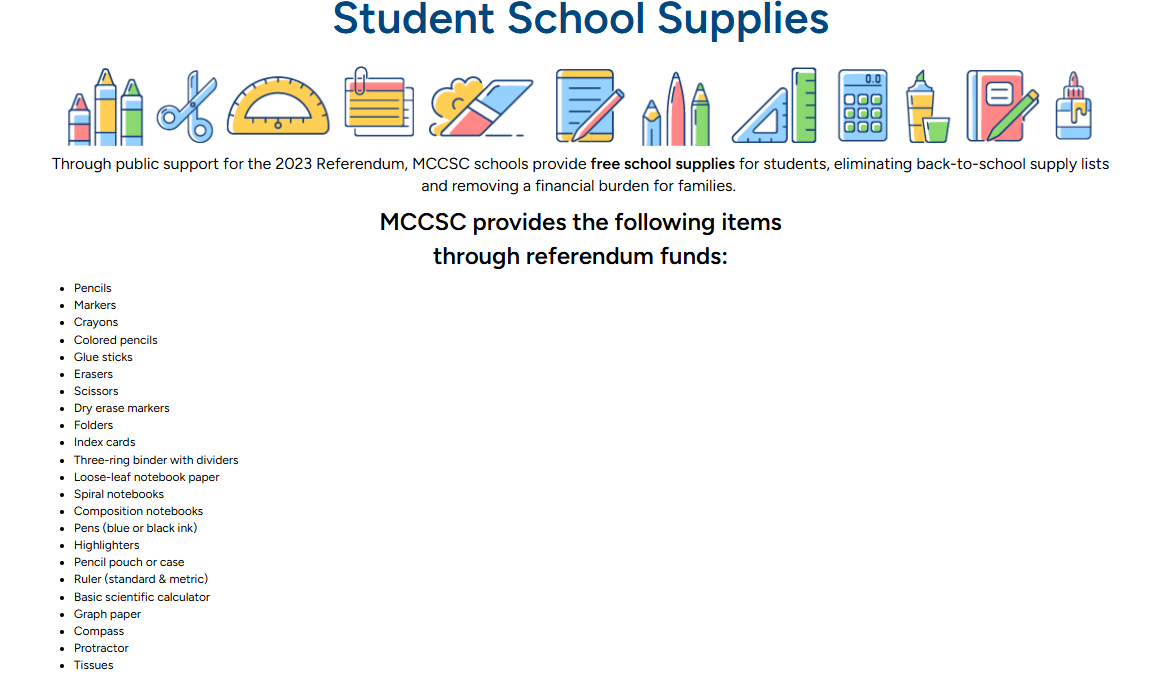 Illustration of various school supplies above text about free student supplies.
