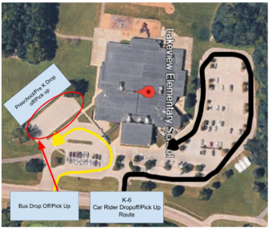 Aerial view of Lakeview Elementary School showing designated drop-off and pick-up routes for buses, K-6 car riders, and preschool/Pre K students.