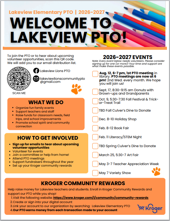 Lakeview Elementary PTO 2026-2027 welcome flyer with event list and volunteer information.