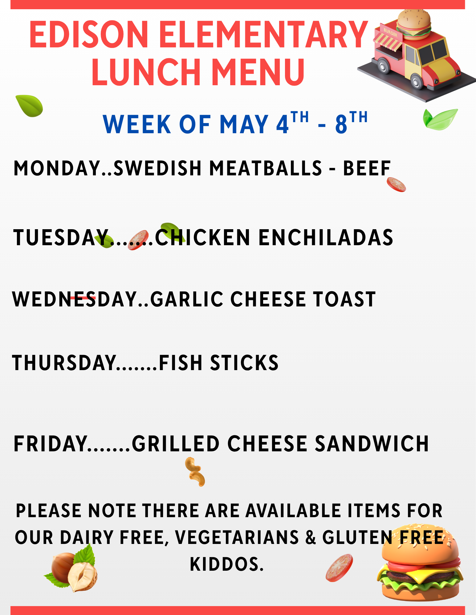 Lunch Menu for the week of May 4th - 8th