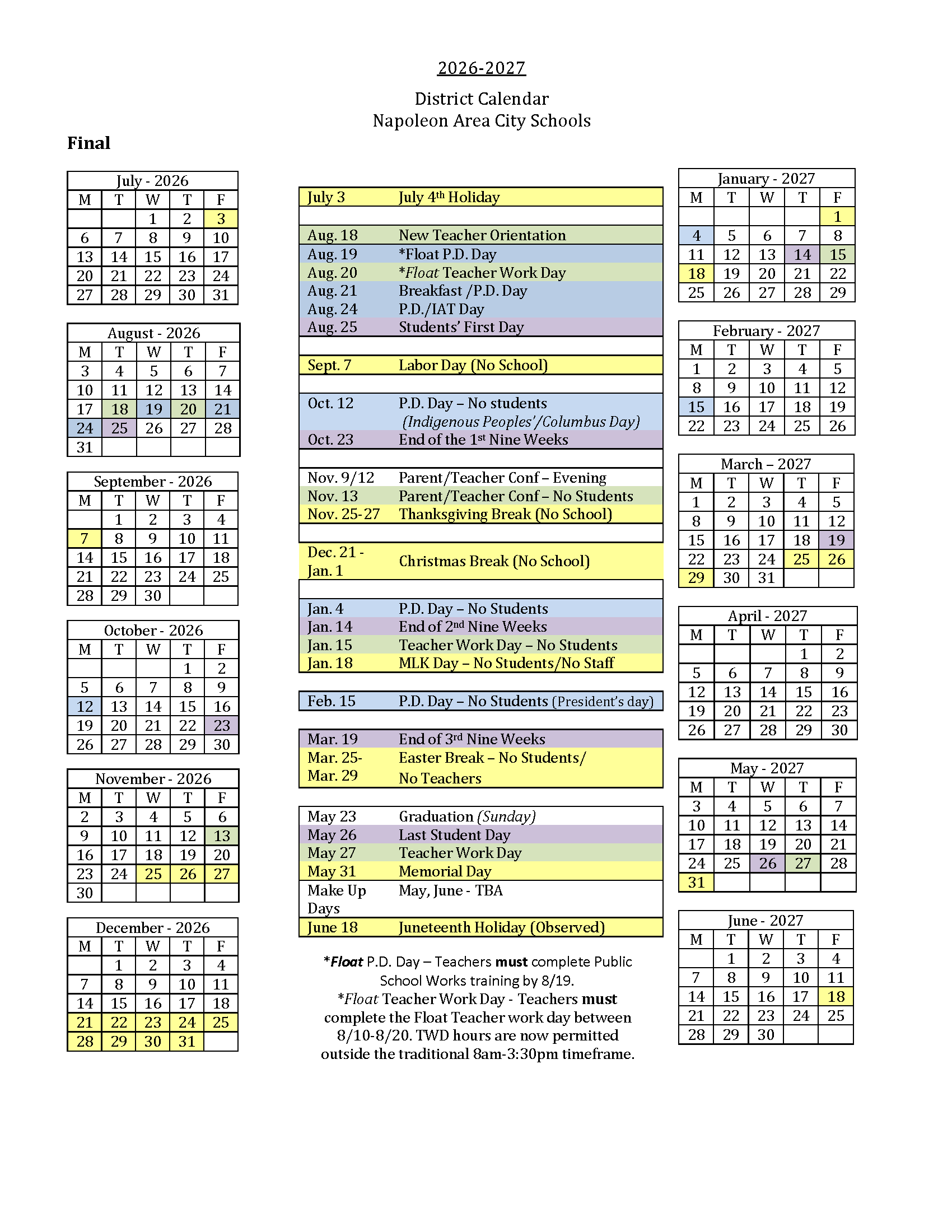 2026–2027 District School Calendar