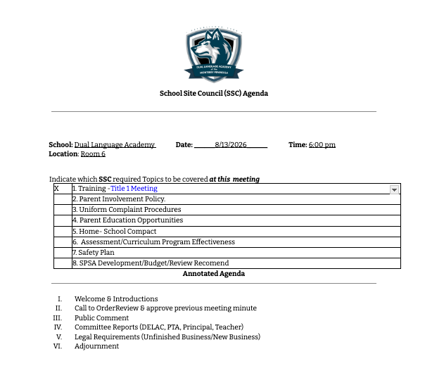 SSC: School Site Council Meeting Agenda
