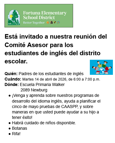 Invitation to a Fortuna Elementary School District meeting for English learner students' advisory committee.