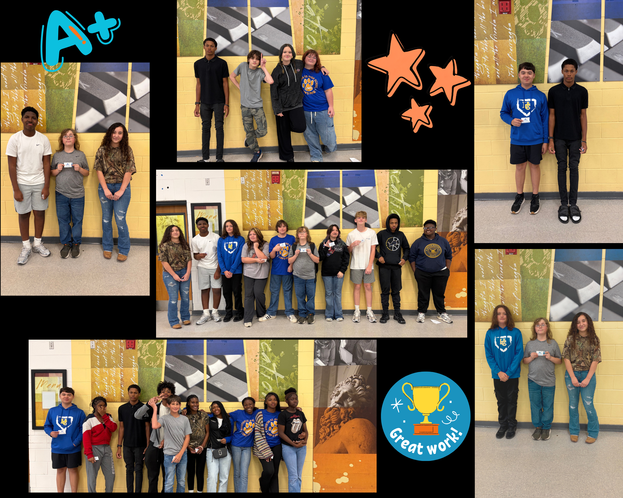 A collage of students posing in front of a yellow brick wall with decorative panels, featuring digital stickers like an "A+", stars, and a "Great work!" trophy.