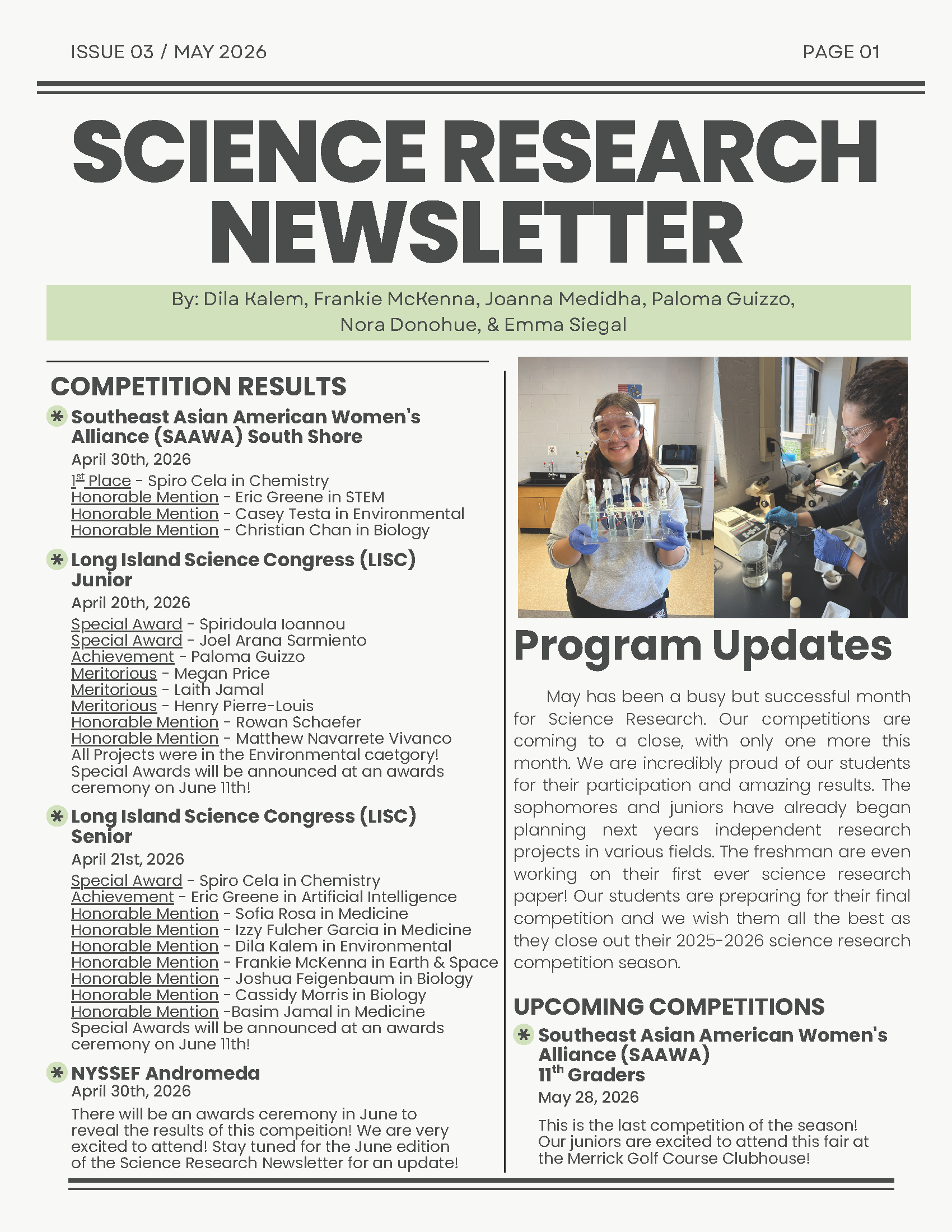 May Edition of the Science Research Newsletter