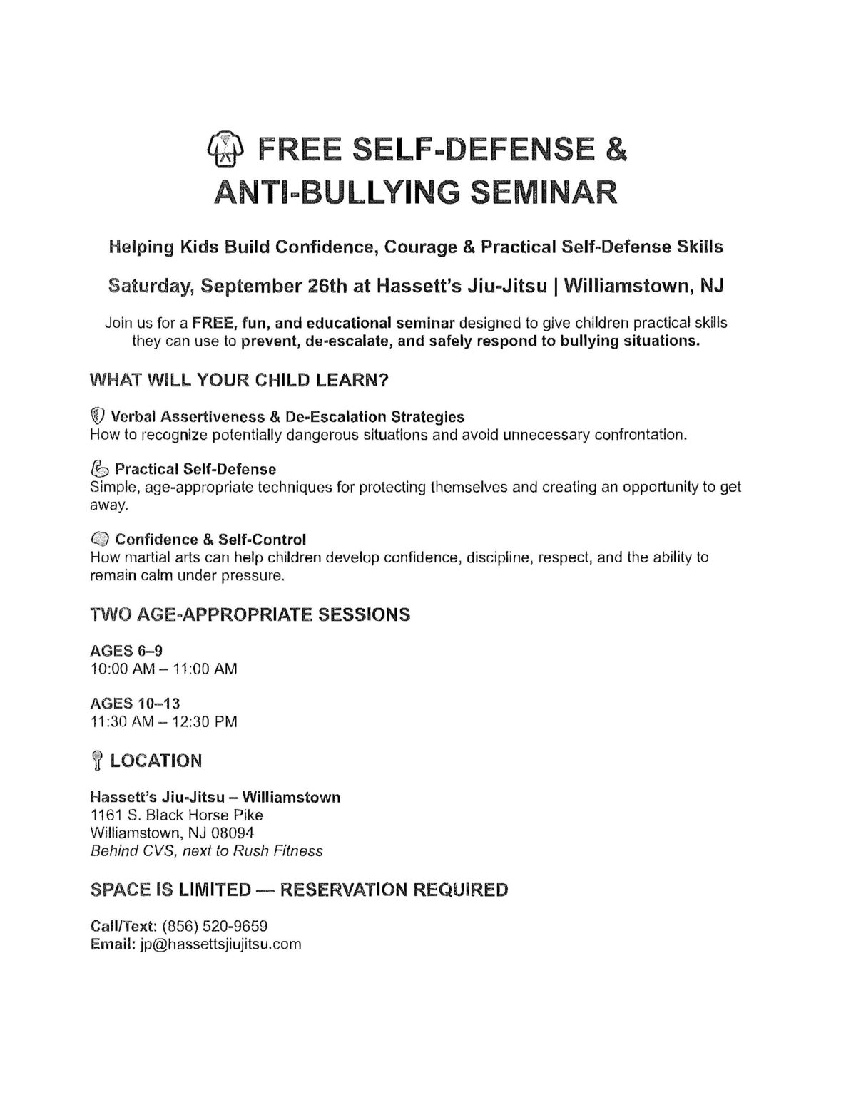 Free Self-Defense & Anti-Bullying Seminar for Children