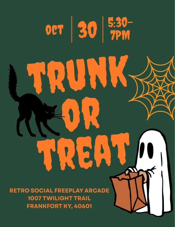A Halloween flyer with a green background advertises a Trunk or Treat event on Oct 30 from 5:30-7pm at Retro Social Freeplay Arcade.