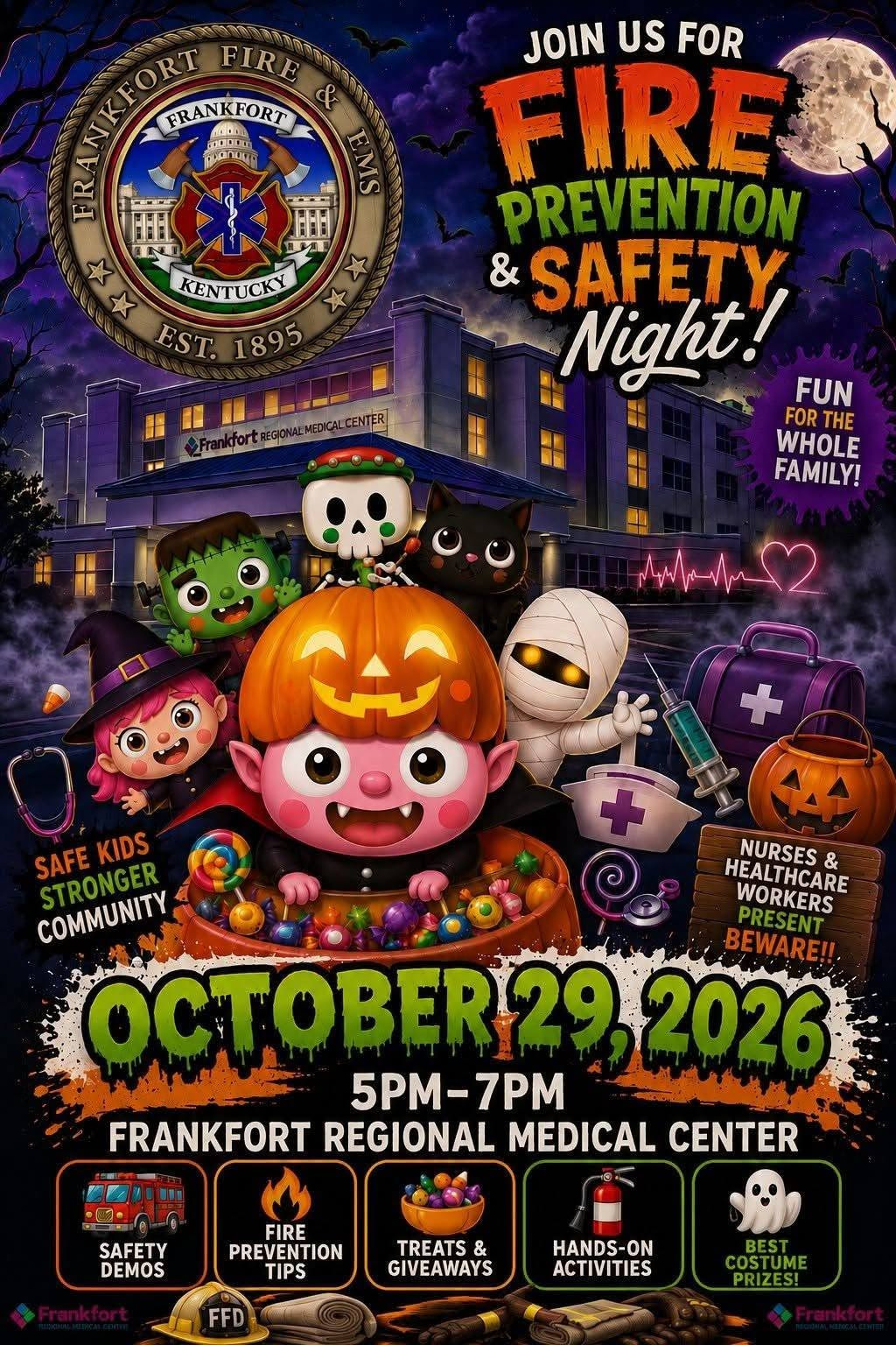 A promotional flyer for Fire Prevention and Safety Night featuring cartoon monsters and medical elements at Frankfort Regional Medical Center.