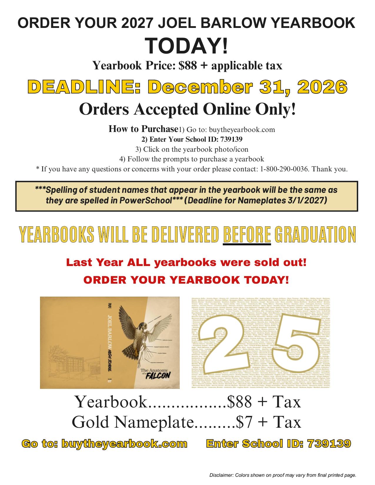 Order your Joel Barlow 2027 Yearbook