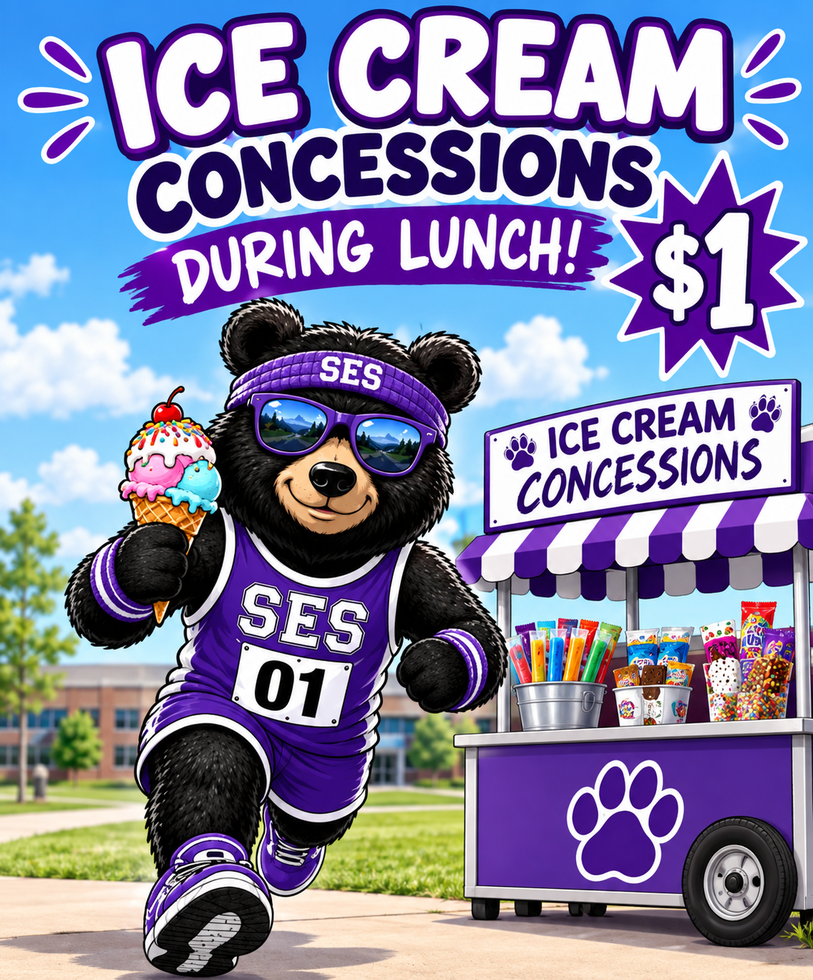 A cheerful cartoon bear wearing sunglasses and a purple jersey holds an ice cream cone in front of an ice cream cart with a sign that reads 'Ice Cream Concessions'.