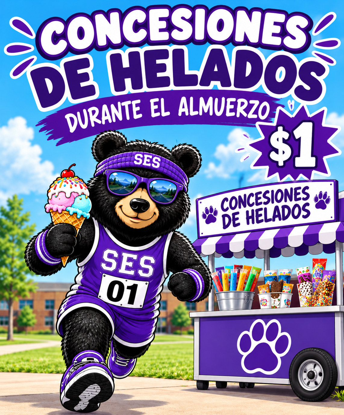 A cartoon black bear mascot wearing purple sports gear and sunglasses runs while holding an ice cream cone near a concession stand.