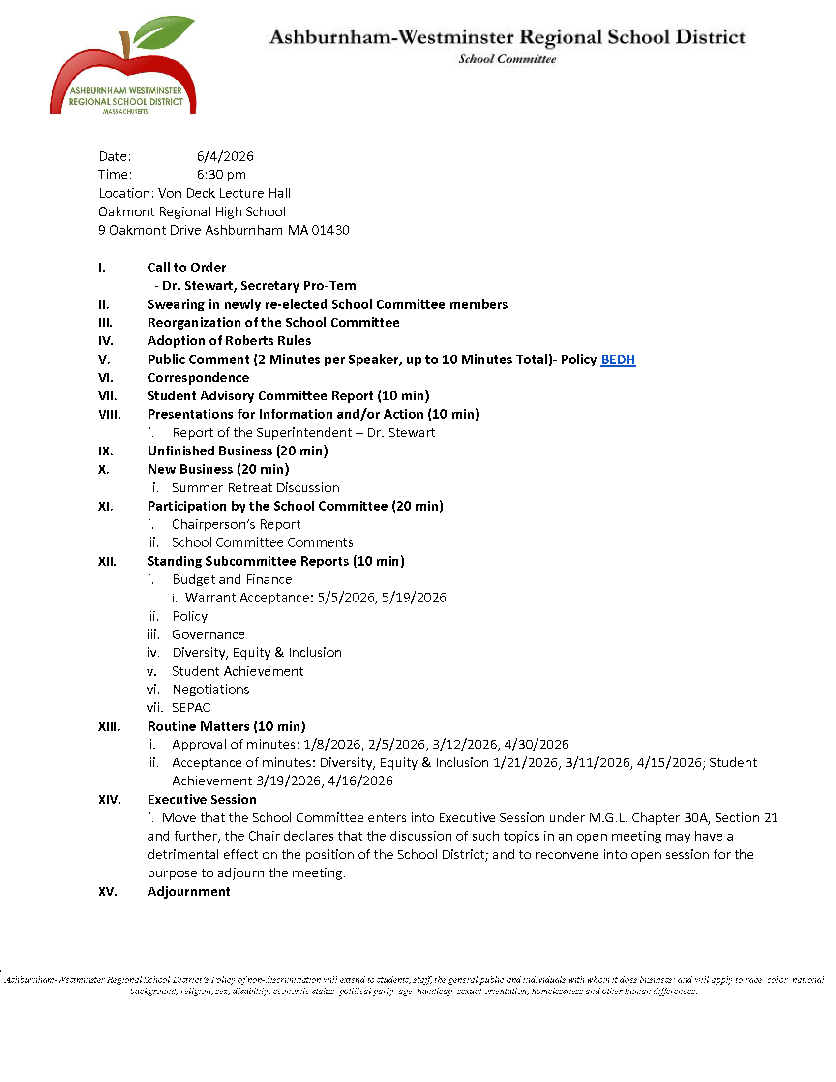 School Committee Meeting 6/4/2026